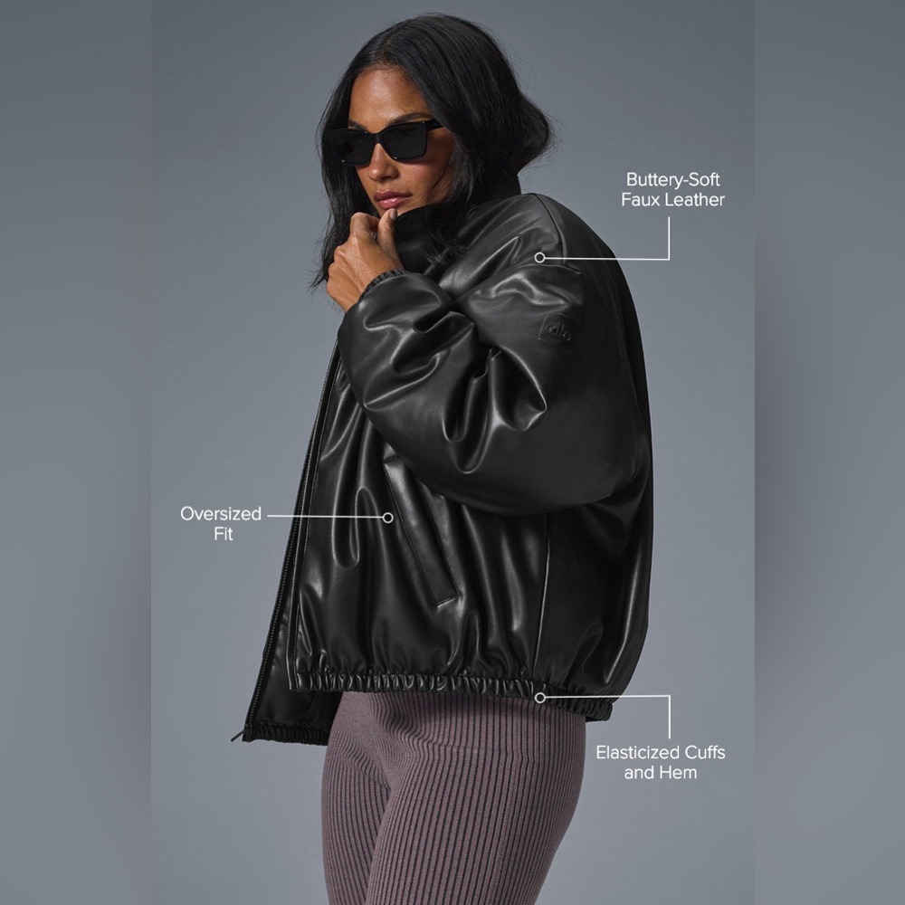 NWT ALO Yoga Faux Leather Premier Oversized Bomber Jacket Coat Womens Black Sz L